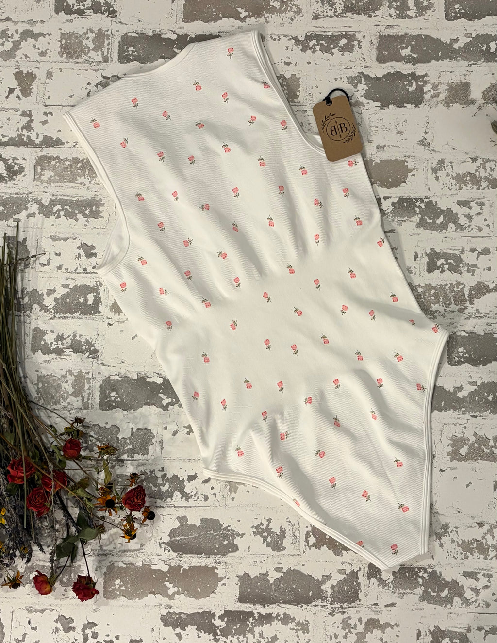 Ivory Mini Rose Ribbed Bodysuit