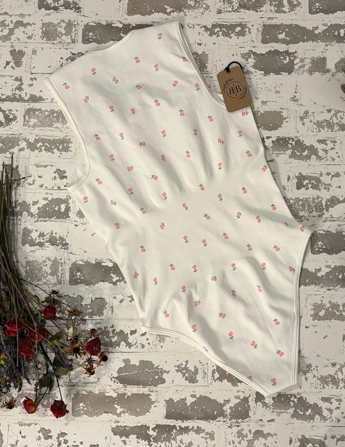 Ivory Mini Rose Ribbed Bodysuit