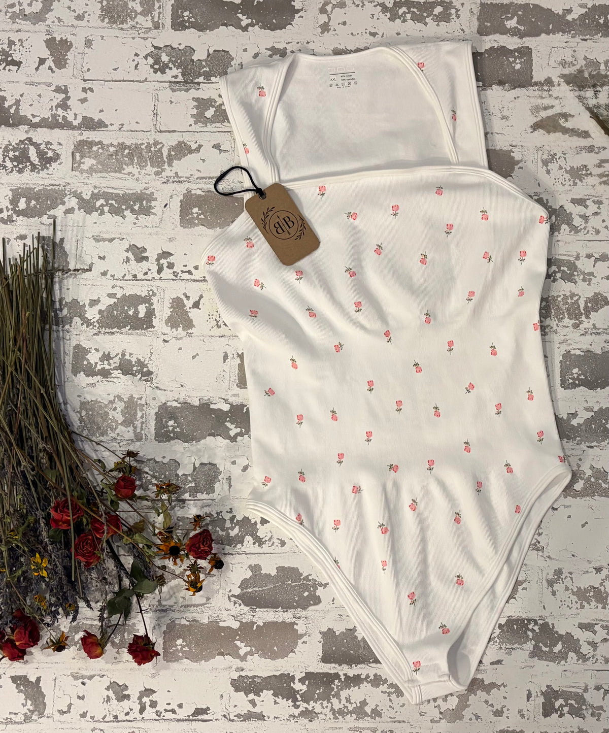 Ivory Mini Rose Ribbed Bodysuit