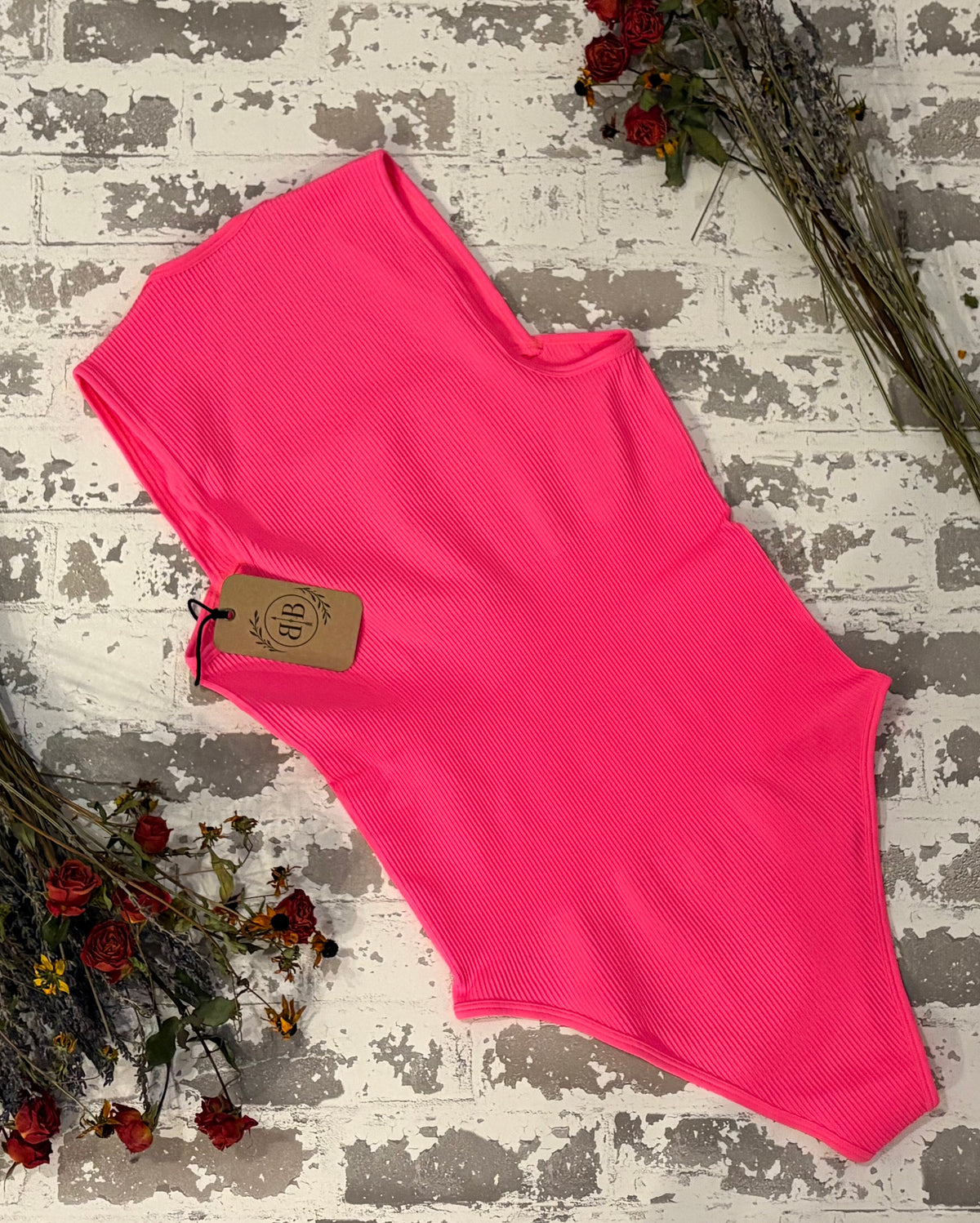 Hot Pink Ribbed Square-Neck Bodysuit