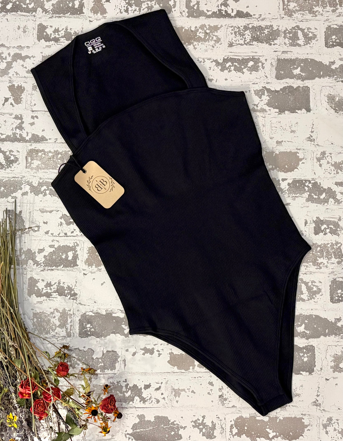 Black Ribbed Square-Neck Bodysuit