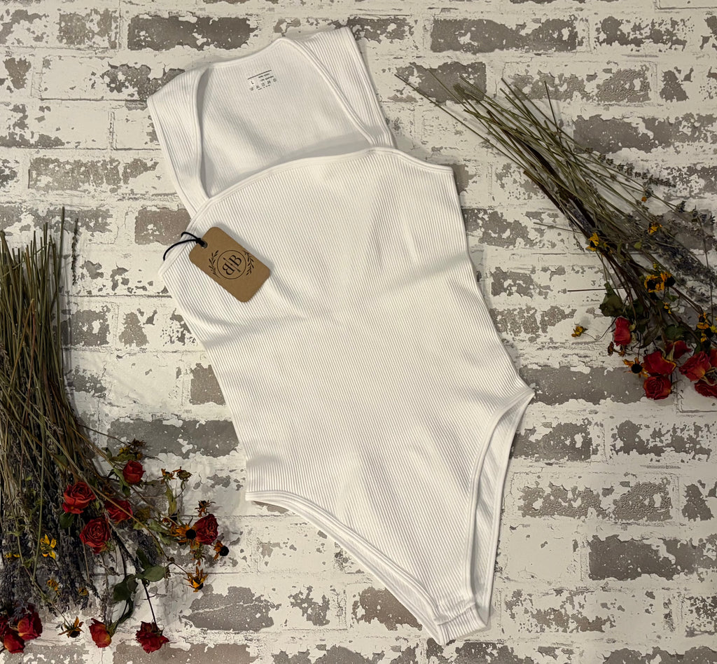 White Ribbed Square-Neck Bodysuit