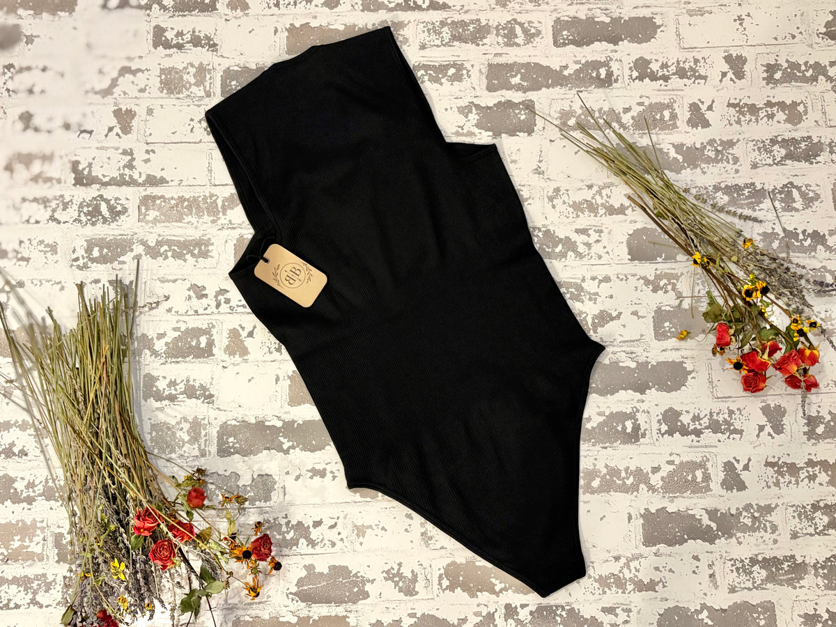 Black Ribbed Square-Neck Bodysuit