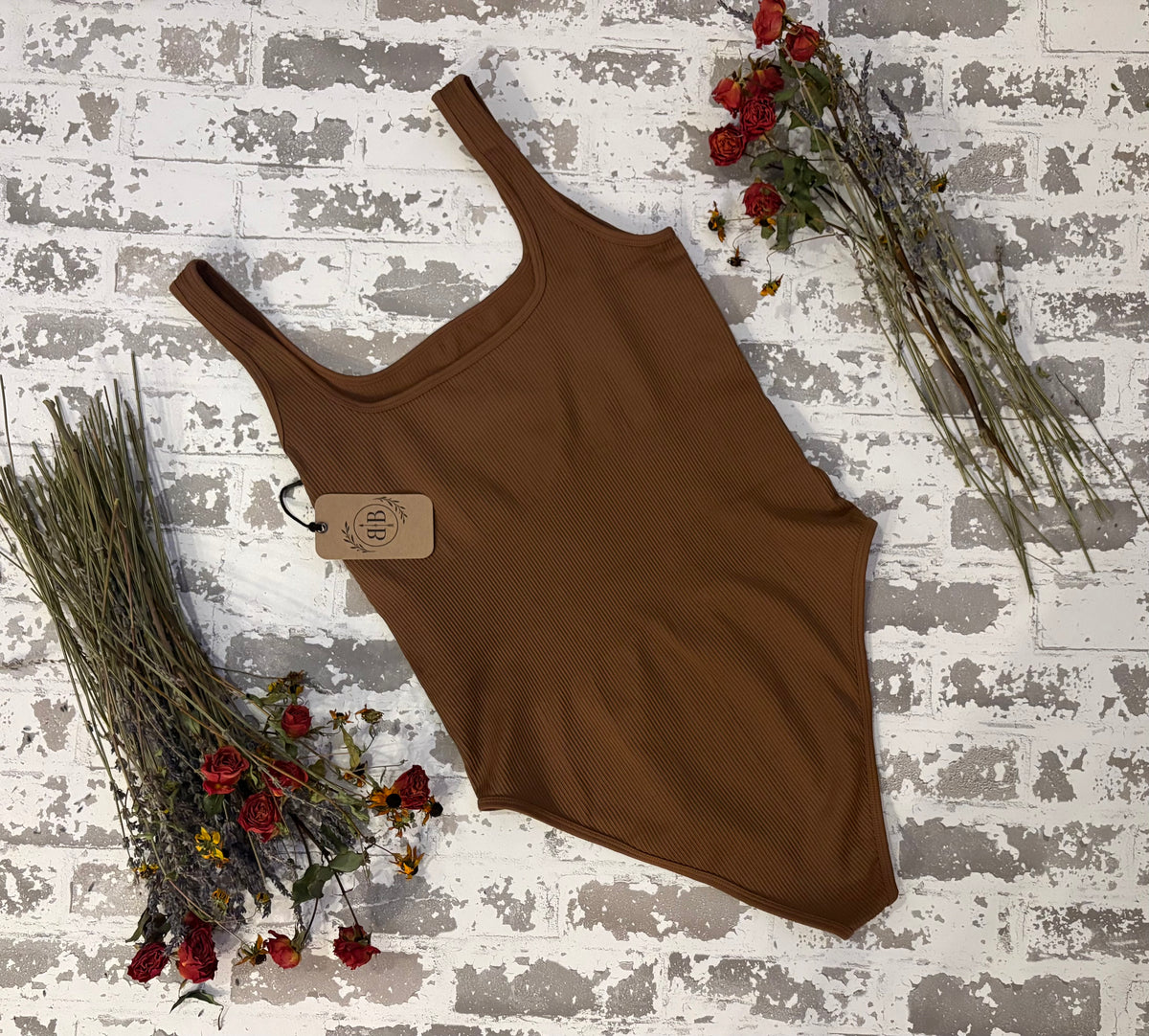 Mocha Ribbed Square-Neck Bodysuit