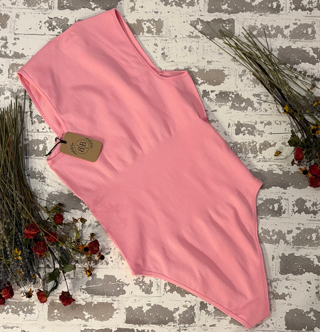 Pink Ribbed Square-Neck Bodysuit