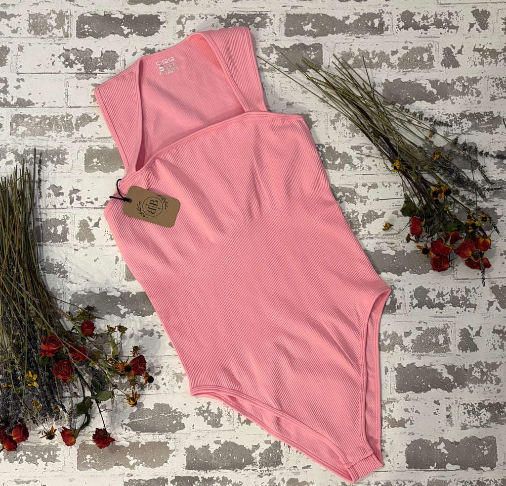 Pink Ribbed Square-Neck Bodysuit
