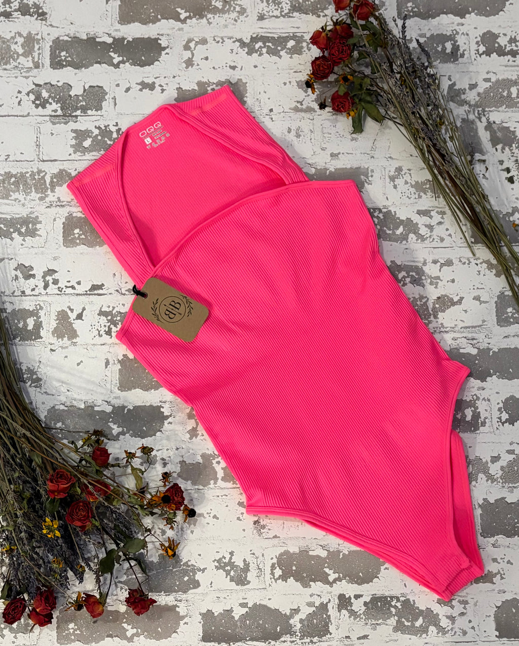 Hot Pink Ribbed Square-Neck Bodysuit