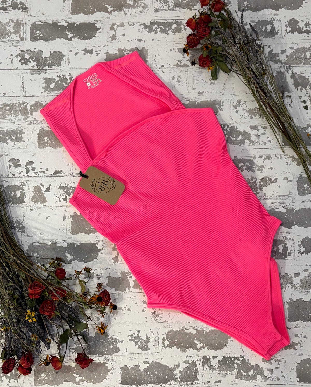 Hot Pink Ribbed Square-Neck Bodysuit