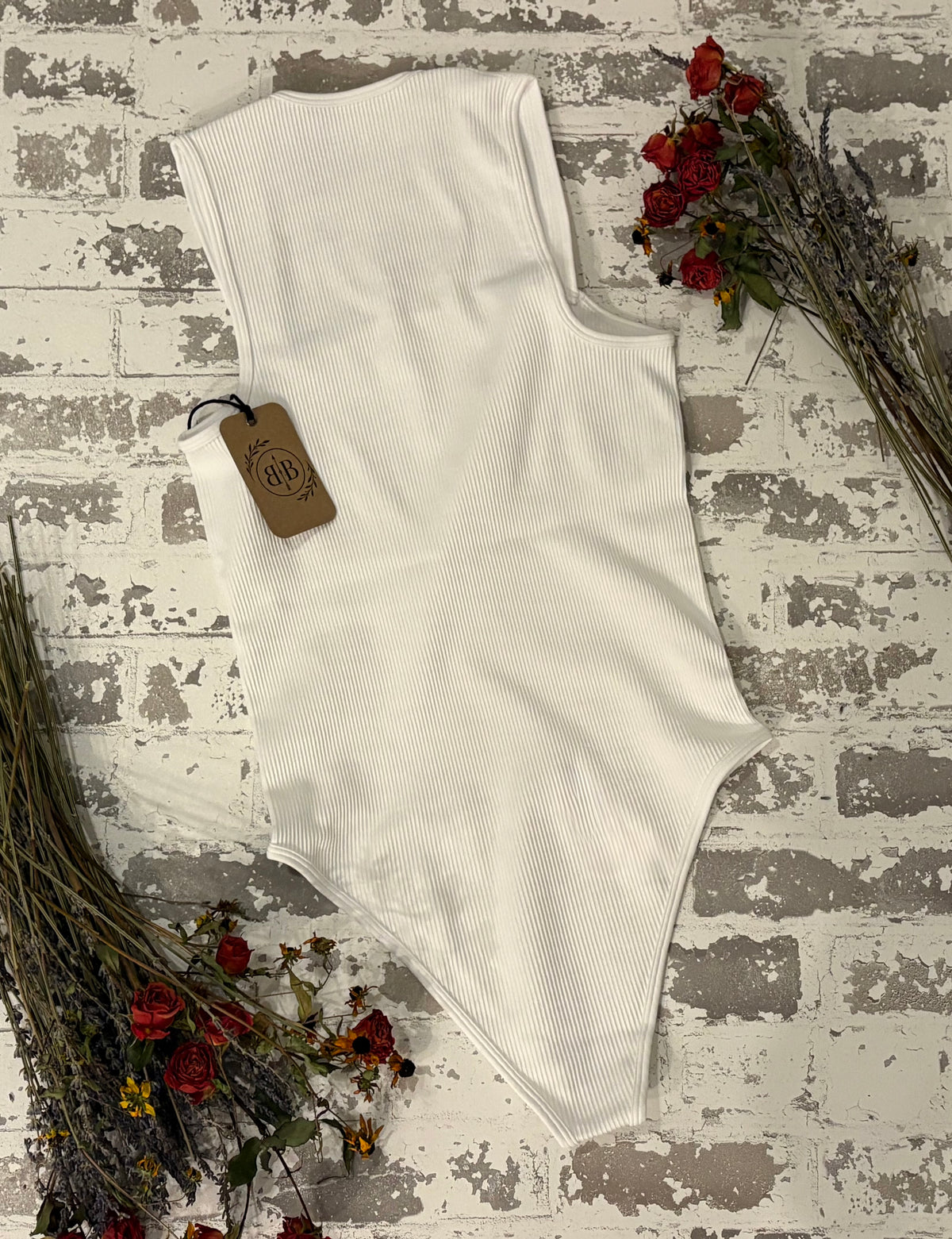 White Ribbed Square-Neck Bodysuit