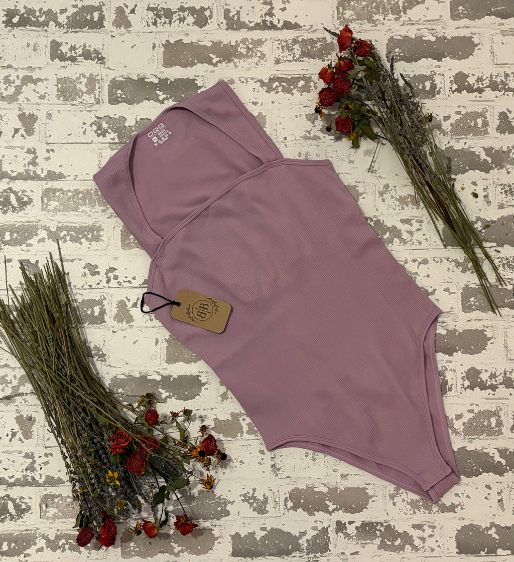 Dusty Mauve Ribbed Square-Neck Bodysuit