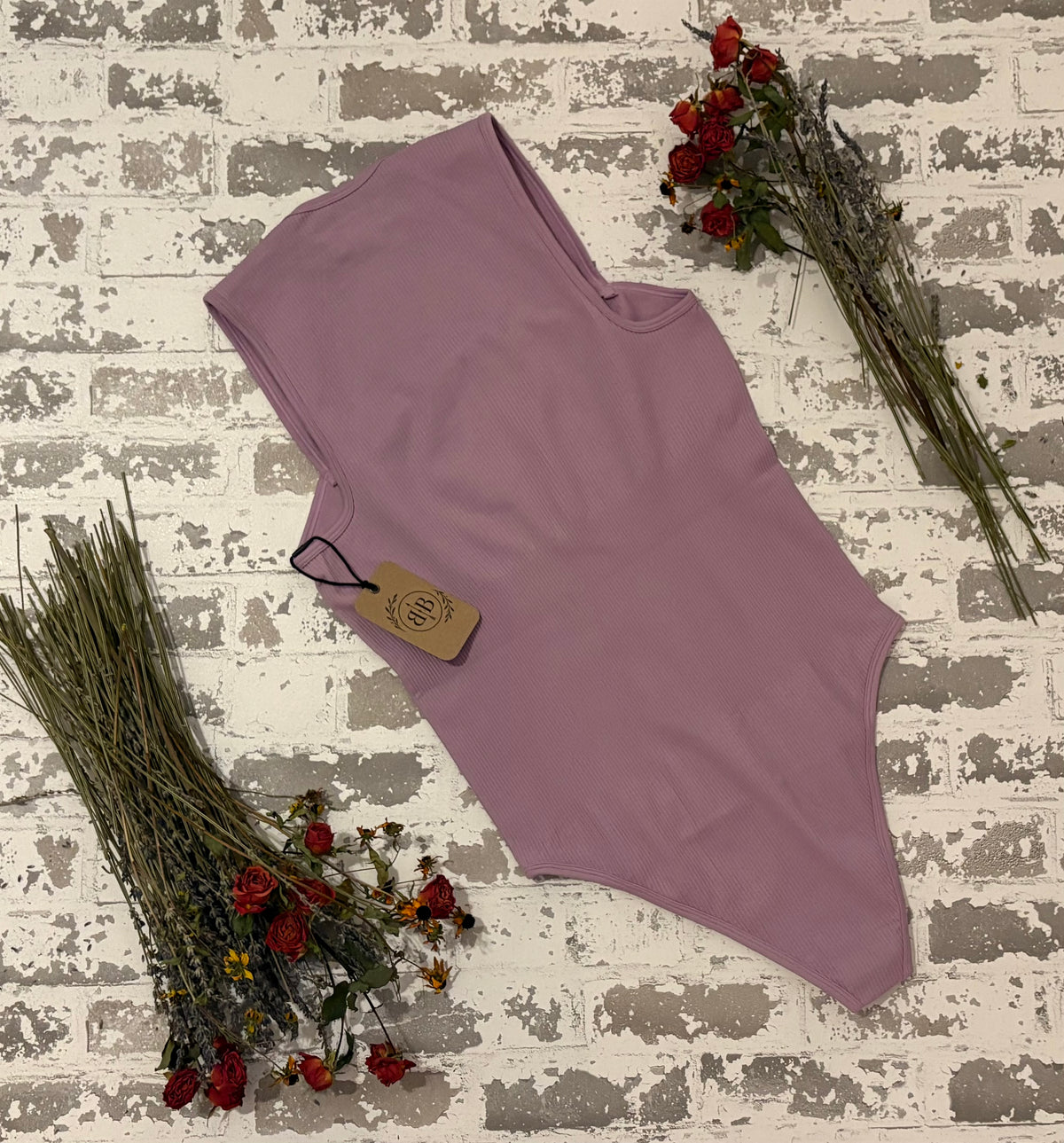 Dusty Mauve Ribbed Square-Neck Bodysuit